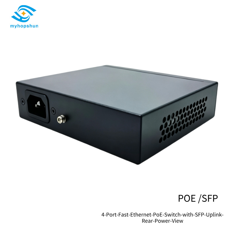4-Port-Fast-Ethernet-PoE-Switch-with-SFP-Uplink-Rear-Power-View
